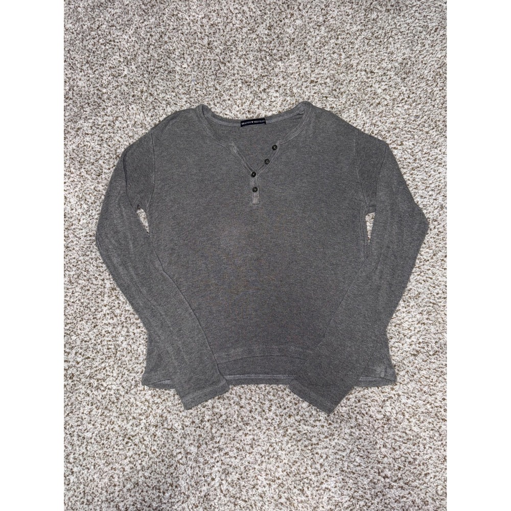 Brandy Melville Womens Heather Grey Ribbed Long Sleeve Henley Top One Size